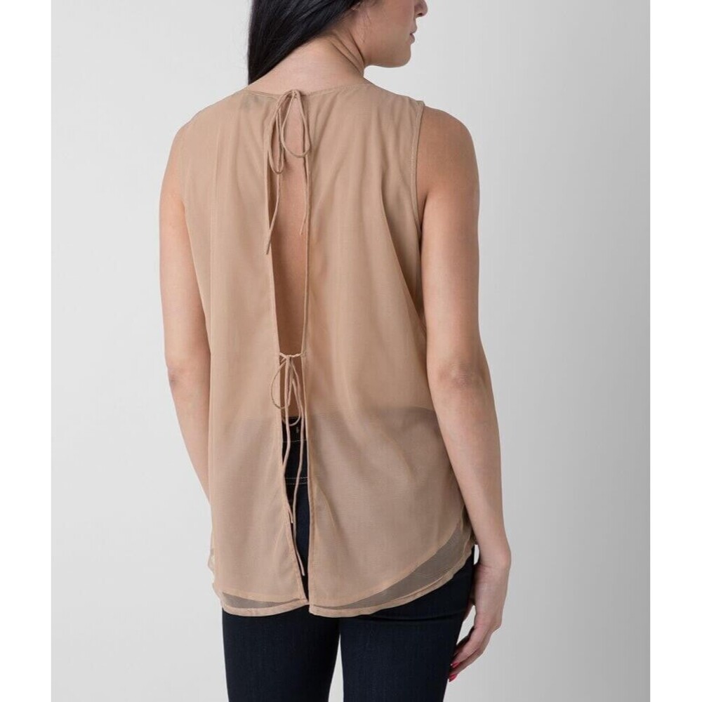 Buckle Sheer Mesh Lined‎ Back Tie Tan Gold Beaded Tank Top Size Small NWT - Picture 3 of 15